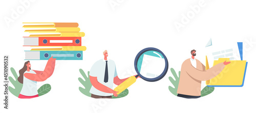 Set Files Organization, Document Management. Business Characters with Folders, Magnifying Glass and Paper Docs, Archive