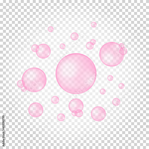 Floating pink bubbles on transparent background. Cherry or strawberry gum. Fizzy carbonated water texture. Soap foam, bath suds, cleanser texture. Vector realistic illustration.