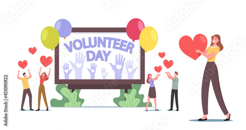 Volunteering, Charity Support Concept. Volunteers Male and Female Characters Celebrate International Volunteer Day