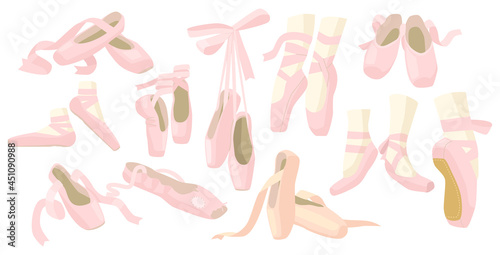 Ballerina Pointe Ballet Shoes, Slippers with Pink Ribbons Isolated on White Background. Footgear for Dancing