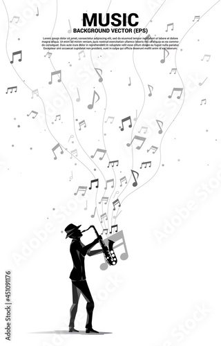 Vector silhouette of saxophonist with music melody note dancing flow . Concept background for classic music concert and recreation.