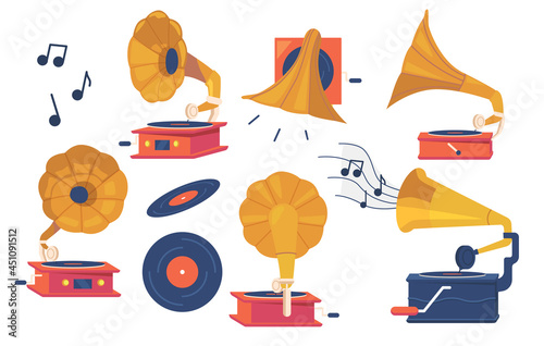 Icons Set Gramophone Player and Vinyl Disks Isolated on White Background, Antique Equipment for Listening Music