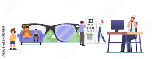 Lazy Eye Amblyopia, Strabismus Disease Concept. Tiny Characters Visiting Oculist Doctor for Sight Treatment