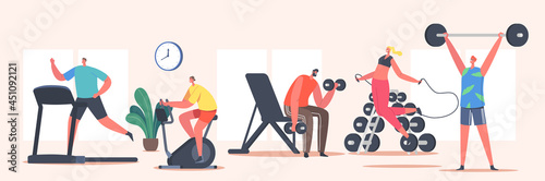 People Training in Gym. Sportsmen and Sportswomen Run on Treadmill, Riding Bicycle, Workout with Barbell and Jump