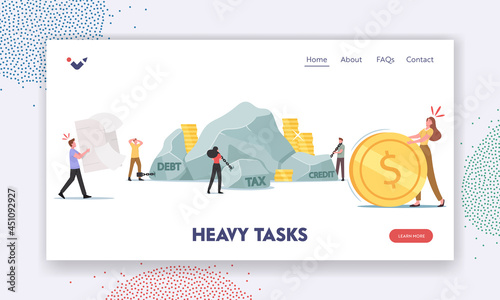 Heavy Tasks, Taxation Loan Landing Page Template. Tired Business Characters Carry Huge Stones, Paper Form and Coin