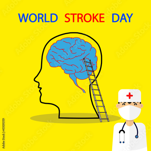 Head with brain and doctor for world stroke day, vector art illustration.