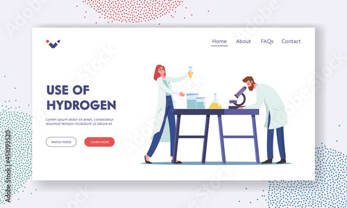 Hydrogen Fuel Producing in Chemical Laboratory Landing Page Template. Scientist with Microscope and Flasks Research