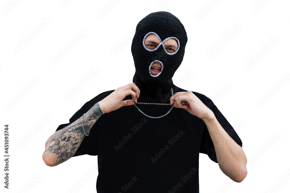 Closeup headshot of criminal wearing black balaclava and hoodie looking at camera, copy space, isolated over white background. crime and violence, drugs, fashion, rap, rapper new school. Closeup headshot of criminal wearing black balaclava and hoodie looking at camera, copy space, isolated over white background. crime and violence, drugs, fashion, rap, rapper new school.