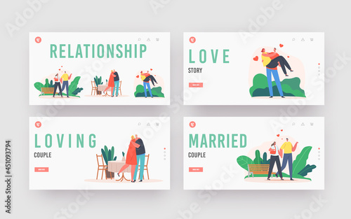 Couples Love Relationship Landing Page Template Set. Togetherness. Man and Woman Walk Holding Hands, Boyfriend and Girl