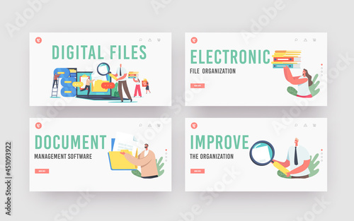Digital Files, Electronic Docs Organization Landing Page Template Set. Computer Data Archive Storage System, Database