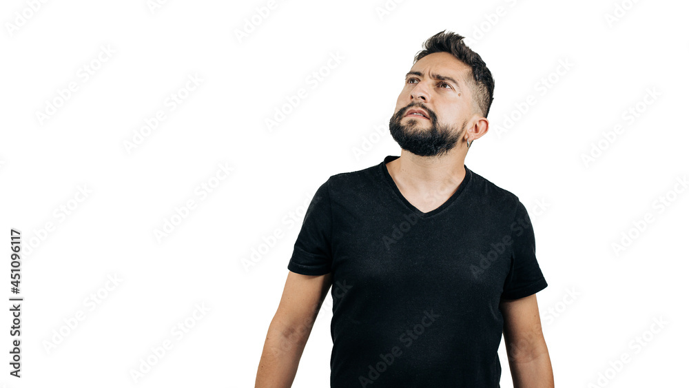 man in black shirt pensive on white background