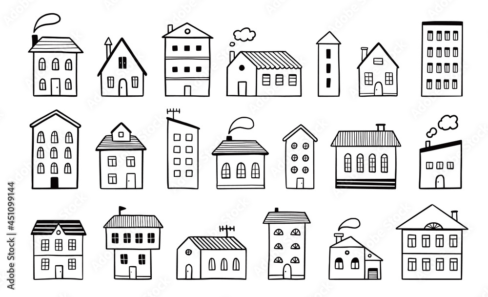 House doodle set. Hand drawn sketch style. House building with roof. Vector illustration for home icon, village, city element.