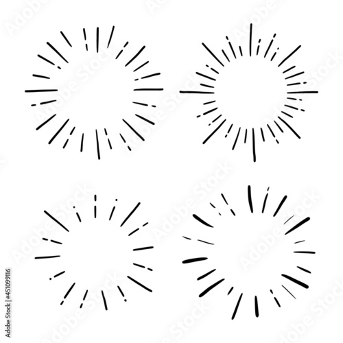 Doodle circle sunburst, sparkle ray set. Hand drawn sketch style. Shine frame symbol for badge. Vector illustration.