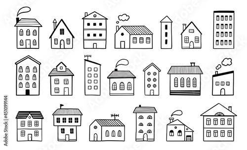 Fototapeta Naklejka Na Ścianę i Meble -  House doodle set. Hand drawn sketch style. House building with roof. Vector illustration for home icon, village, city element.