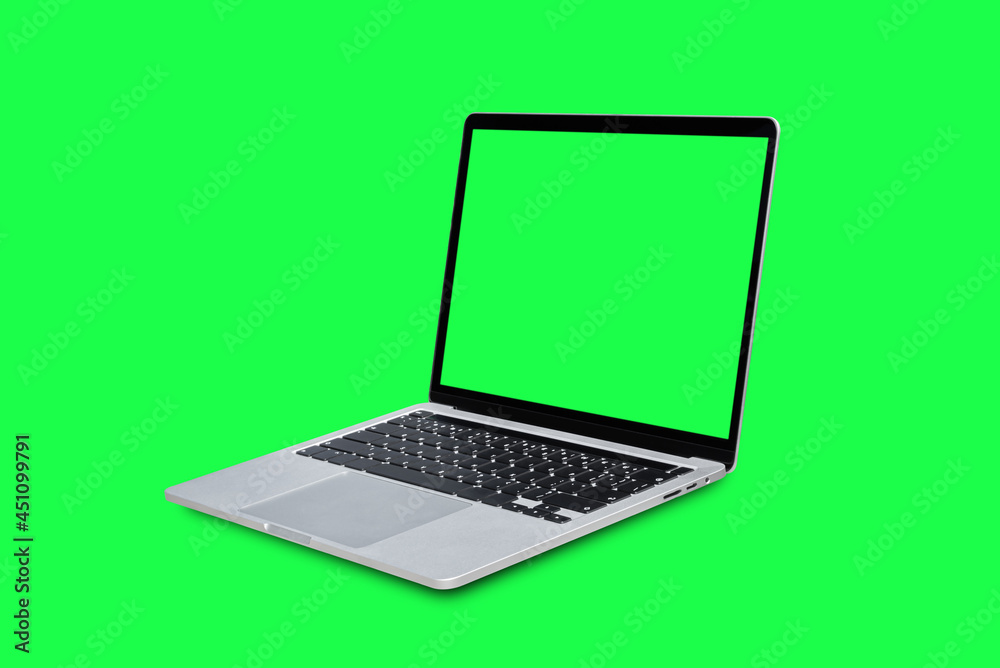 Laptop computer with blank green screen isolated on green background. Laptop computer with blank green screen isolated on green background.