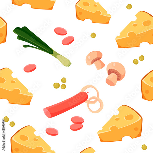 Seamless pattern with hand drawn triangular cheese slices with sausages, shallots and mushrooms on a white background. Cartoon background with food for children. Vector illustration for print design