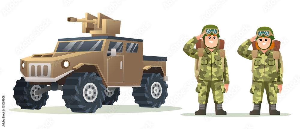 Cute male and female army soldier carrying backpack characters with military vehicle cartoon illustration