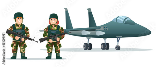 Cute little boy and girl army soldiers holding weapon guns with military jet plane cartoon illustration