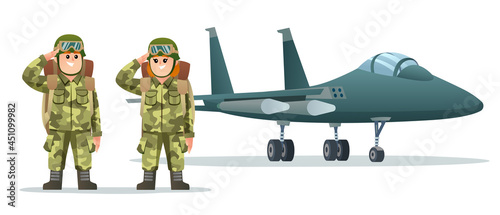 Cute boy and girl army soldier carrying backpack characters with military jet plane cartoon illustration