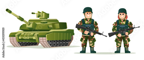 Cute boy and girl army soldiers holding weapon guns with tank cartoon illustration