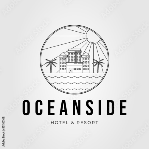 minimalist oceanside architecture or hotel building line art logo vector illustration design