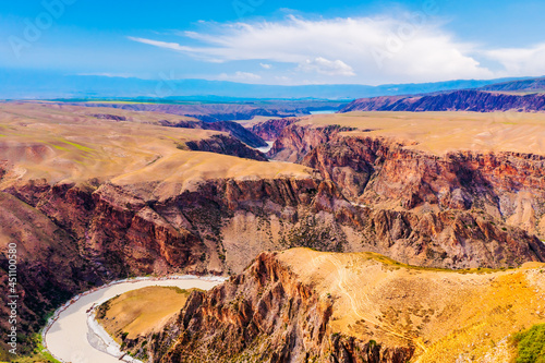 The spectacular geological landscape of the Kuokesu Grand Canyon,Xinjiang,China.Aerial view. photo