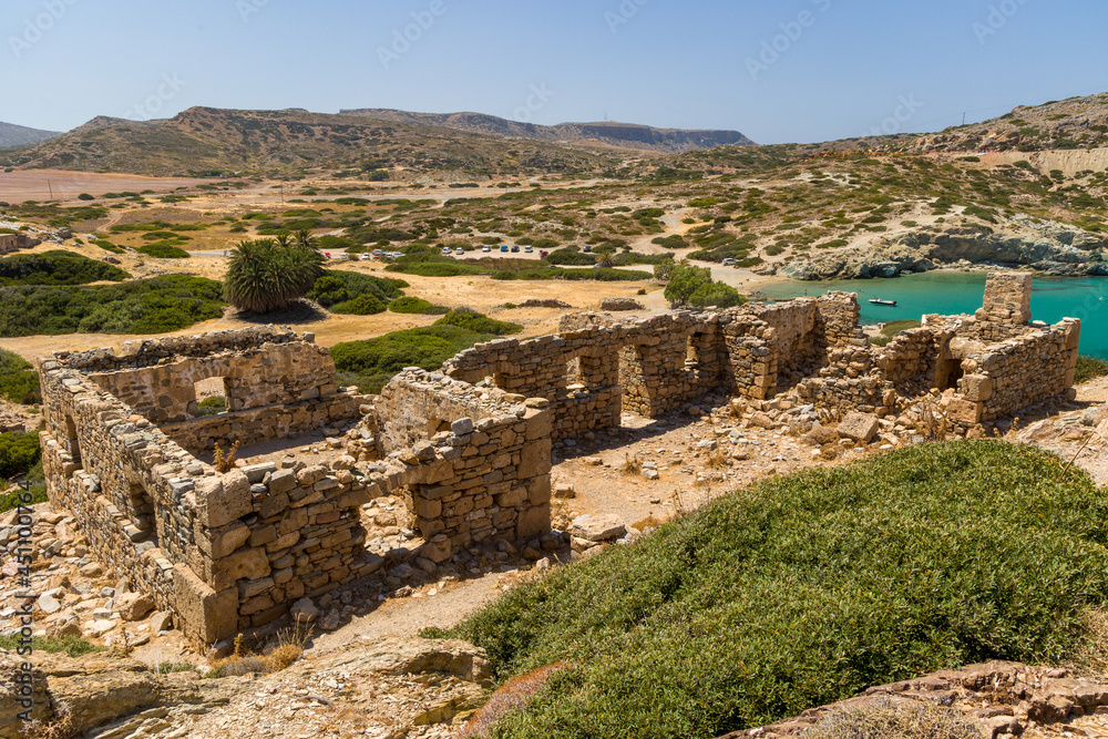 Remains of buildings and structures at the ancient Doric settlement of Itanos on the coast of Crete