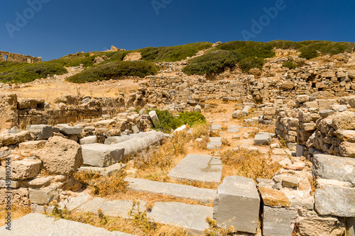 Ancient walls and ruins at the Doric settlement of Itanos on the eastern coast of Crete, Greece