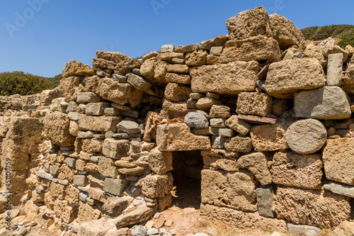 Ancient walls and ruins at the Doric settlement of Itanos on the eastern coast of Crete, Greece