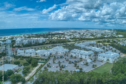 An Aerial View of the Awesome Boutique Shops and Restaurants of 30Avenue, as well as Rosemary Beach and the Beautiful Florida Gulf Waters in the Backdrop photo