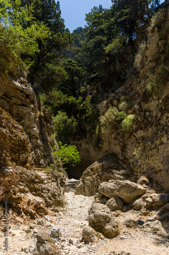 A narrow gorge and dry riverbed in a hot climate (Imbros Gorge, Crete, Greece)