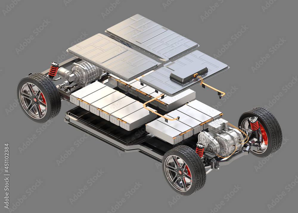 Explode view of electric vehicle chassis equipped with battery pack on