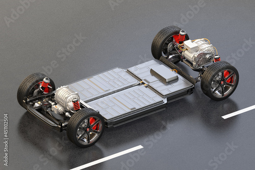 Electric vehicle chassis equipped with battery pack on the road background. 3D rendering image. photo