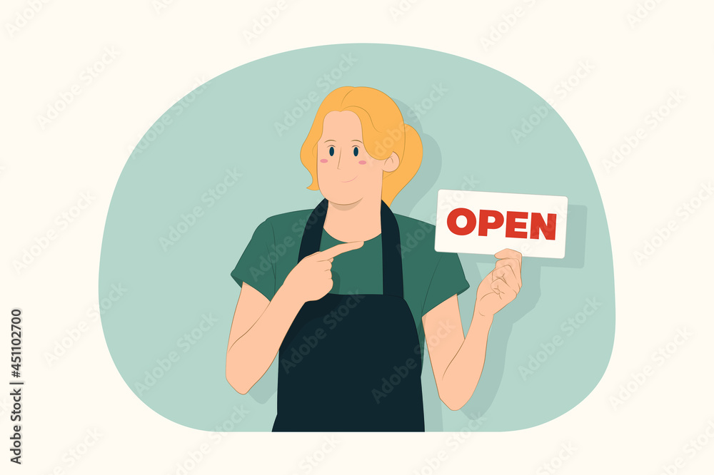 Young bartender woman pointing index finger on sign with OPEN title concept