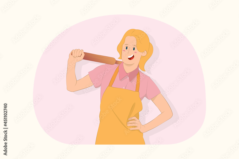 Young chef cook baker woman hold rolling pin concept Young chef cook baker woman hold rolling pin concept