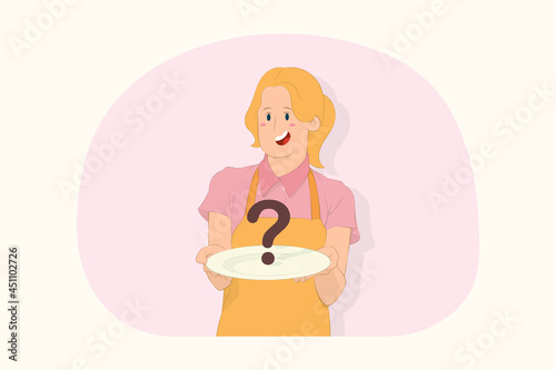 Young chef cook baker woman hold a white empty plate in front concept