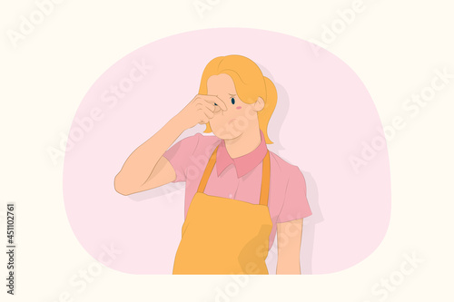 Young chef cook baker woman rub put hand on nose concept