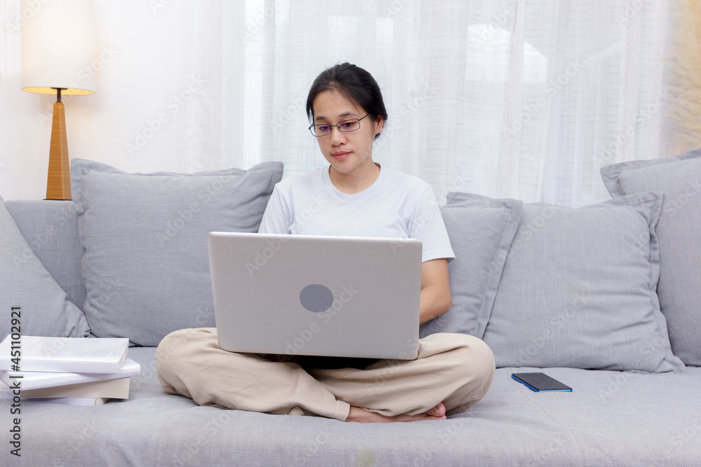 Smiling woman using laptop sitting on couch at home. Women sitting on sofa use laptop shopping, chat online on social network. Women working at home with computer at living room Smiling woman using laptop sitting on couch at home. Women sitting on sofa use laptop shopping, chat online on social network. Women working at home with computer at living room