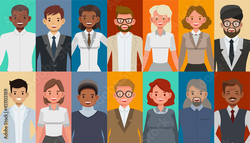 Group of business people character vector design. Portrait of businessman and businesswoman smiling.