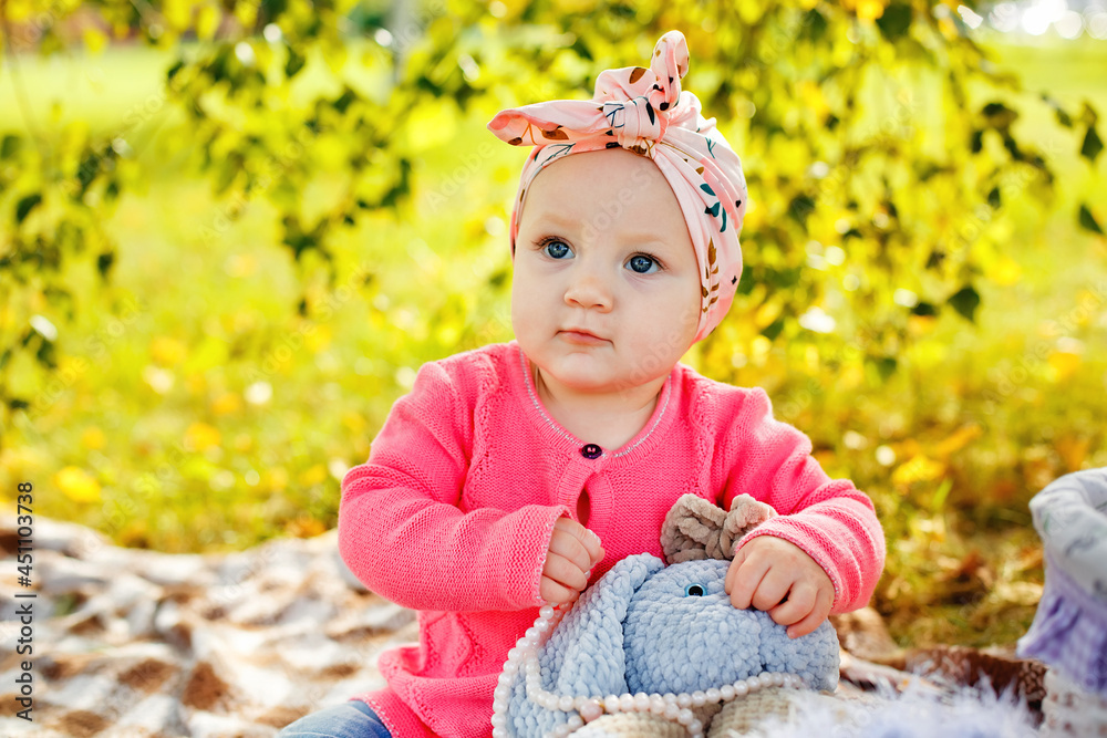 A little girl in a pink jacket is sitting on the ground on a blanket in an autumn park. A sunny day in nature. A little girl in a pink jacket is sitting on the ground on a blanket in an autumn park. A sunny day in nature.
