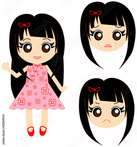 Asian girl wearing Qipao. Set of 3 different emotions. Includes happy, sad and upset facial expressions.