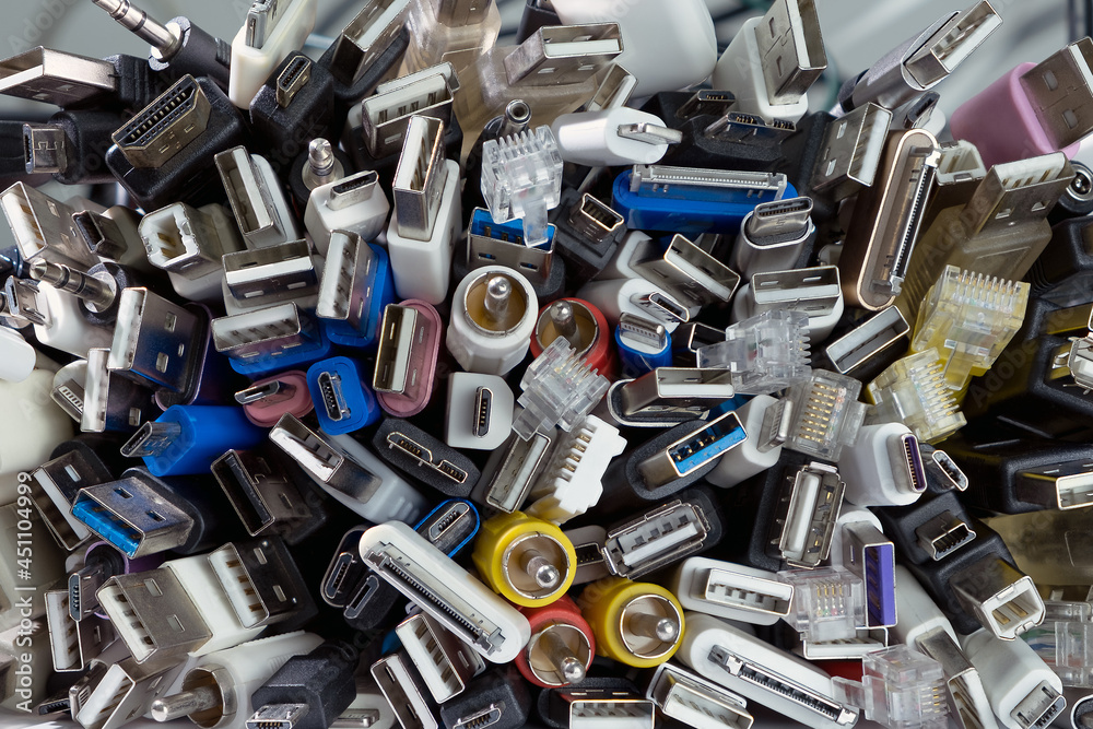 Heap a Lot Of USB (Universal Serial Bus)  cables Connectors plugs universal standart for computer different types cables and Ports peripheral