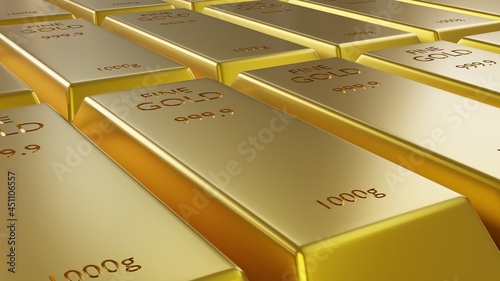 Stack of gold bars, Financial concepts.Stack close-up Gold Bars, weight of Gold Bars 1000 grams Concept of wealth and reserve. Concept of success in business and finance, 3d rendering.