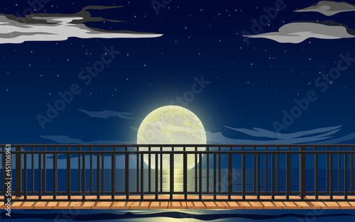 landscape of wooden bridge on the beach in full moon night