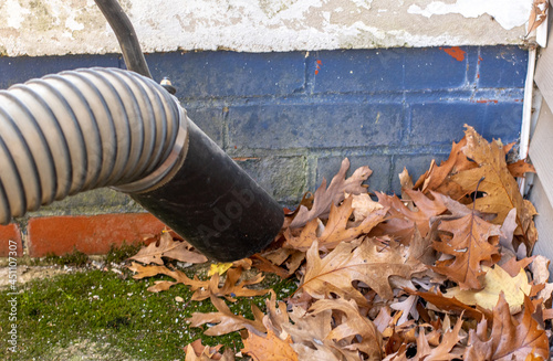Close up of a tool used to suck up  leaves, called a a leaf vacuum
