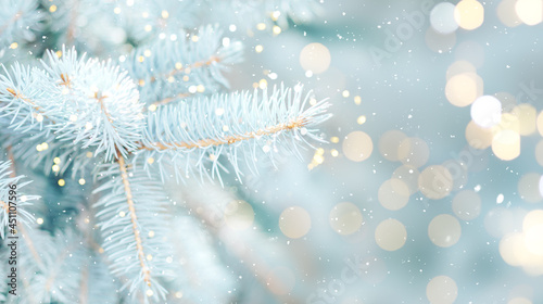 Fotografia, Obraz Close up photo of blue Christmas tree background outdoor with lights bokeh around