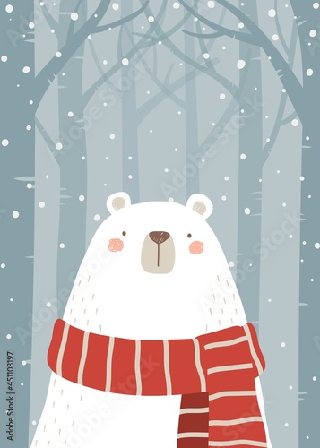 Polar bear with red scarf in the winter forest. Cartoon style hand drawn vector illustration. For greeting card, poster, web banner, etc.
