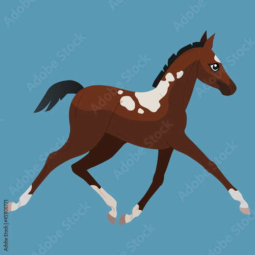 A small bay pony with spots runs at a trot. Horses icons flat style. Vector isolated illustration