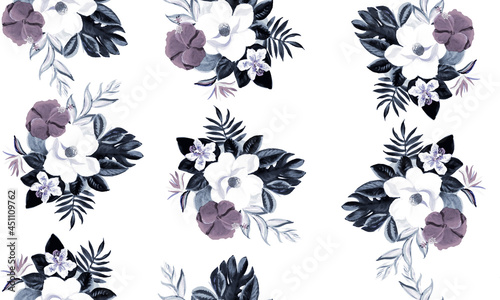 Blue Seamless Plant. Navy Pattern Palm. Gray Tropical Texture. White Floral Exotic. Indigo Flora Plant. Cobalt Watercolor Textile. Decoration Vintage.