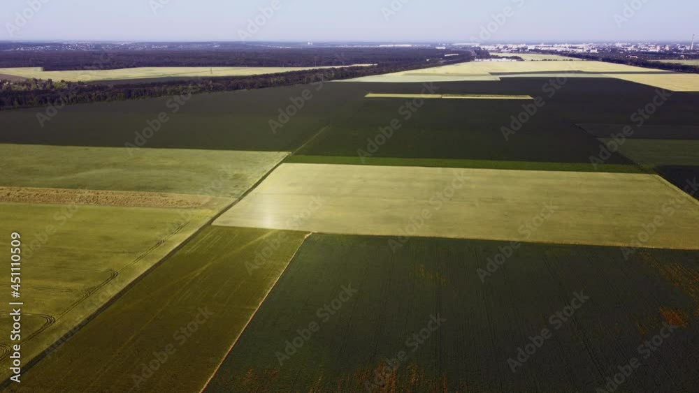 Aerial drone view flight over different agricultural fields sown